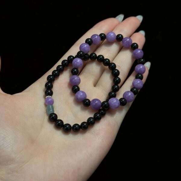 925 Sterling Silver & Natural Gemstone Bracelet Set - Amethyst Black Agate Unisex Spiritual Jewelry