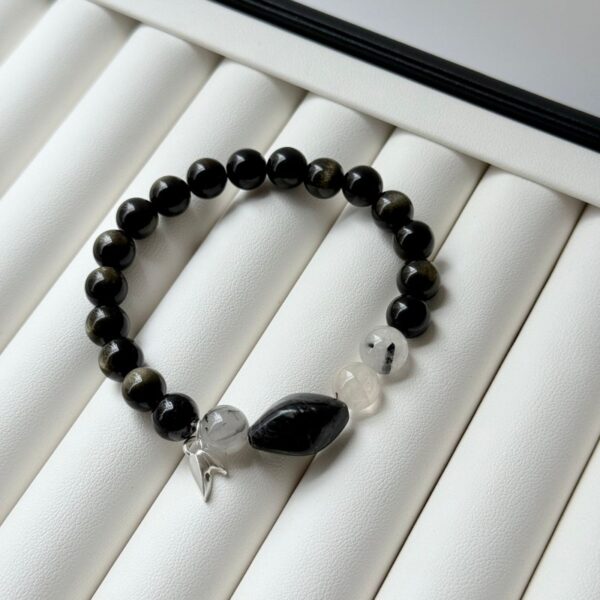 999 Silver Black Obsidian Leaf Bracelet - Protection & Wealth Energy Jewelry - Image 3