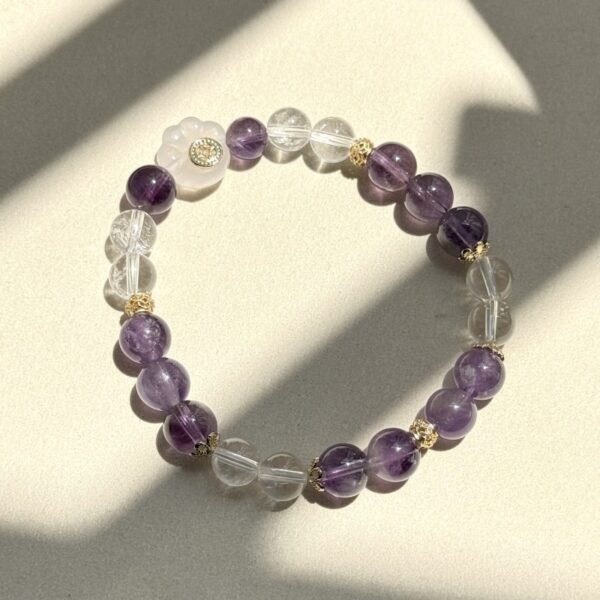 White Crystal & Amethyst Beaded Bracelet - Cat Paw Agate Bohemian Jewelry - Image 2