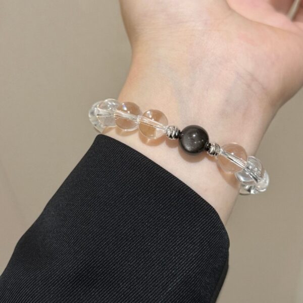 925 Silver Black Obsidian Bracelet - Gold Sheen Crystal Stackable Jewelry - Image 2
