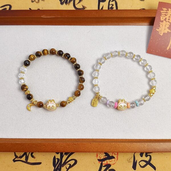 Labubu Style Tiger Eye & Clear Quartz Bracelet - Original Beaded Design for Wealth & Positive Energy - Image 5