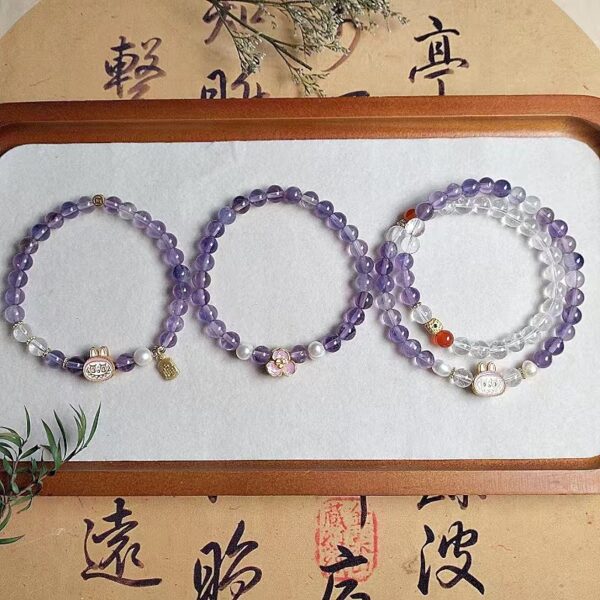 Labubu Monet Garden Bracelet - Original Double Strand Amethyst & Clear Quartz Crystal Jewelry - Image 4