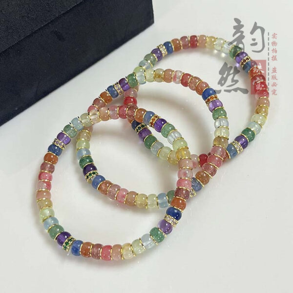 ​Rainbow Strawberry Quartz Bracelet - Aquamarine & Amethyst Energy Beads​ - Image 2