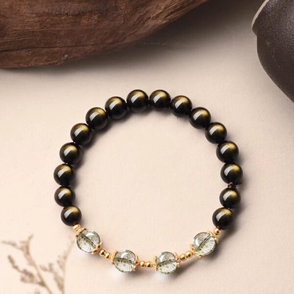 Five Elements Water Bracelet - Green Phantom Quartz & Black Obsidian Energy Jewelry for Wealth & Protection - Image 6