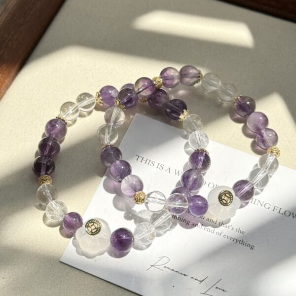 White Crystal & Amethyst Beaded Bracelet - Cat Paw Agate Bohemian Jewelry - Image 3