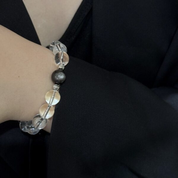 925 Silver Black Obsidian Bracelet - Gold Sheen Crystal Stackable Jewelry - Image 3