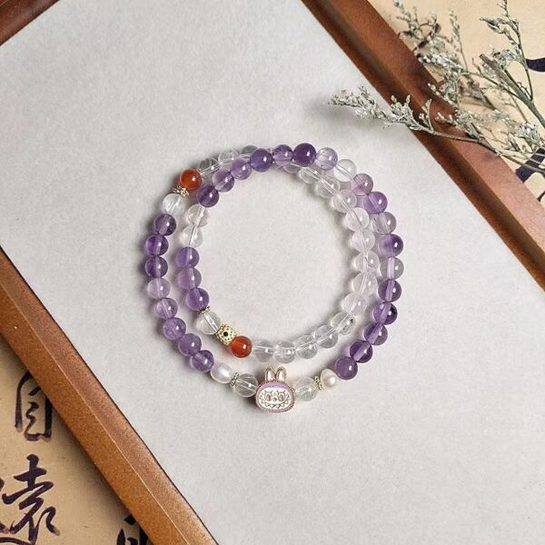 Labubu Monet Garden Bracelet - Original Double Strand Amethyst & Clear Quartz Crystal Jewelry - Image 5