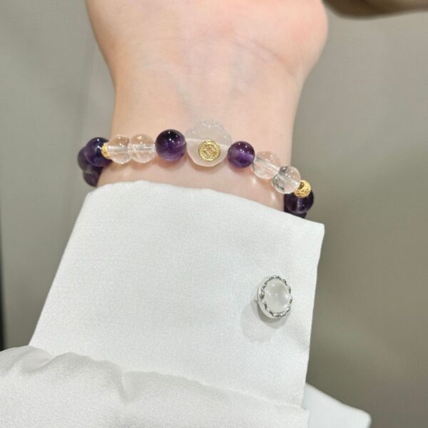 White Crystal & Amethyst Beaded Bracelet - Cat Paw Agate Bohemian Jewelry - Image 4