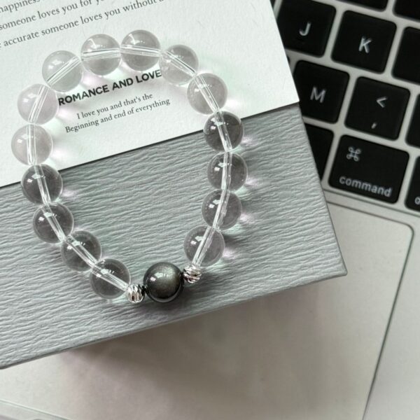 925 Silver Black Obsidian Bracelet - Gold Sheen Crystal Stackable Jewelry - Image 4