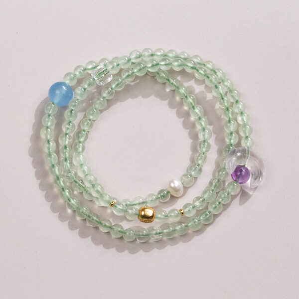 Five Elements Wood Bracelet - Double Strand White Quartz, Amethyst & Aquamarine Crystal Jewelry for Harmony & Growth