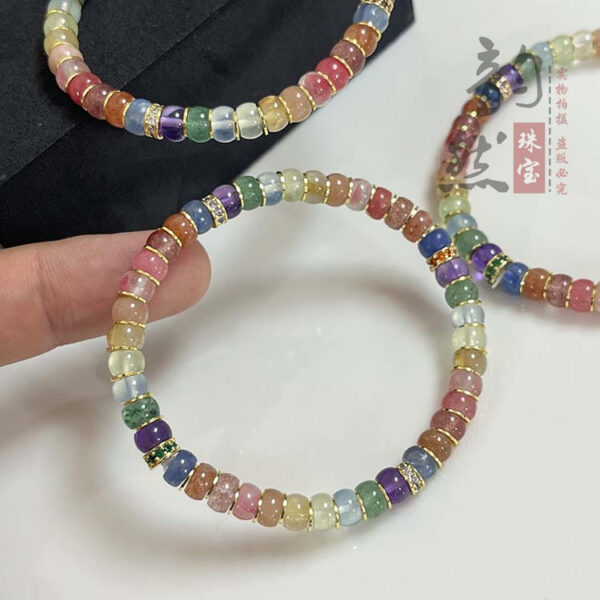 ​Rainbow Strawberry Quartz Bracelet - Aquamarine & Amethyst Energy Beads​ - Image 3