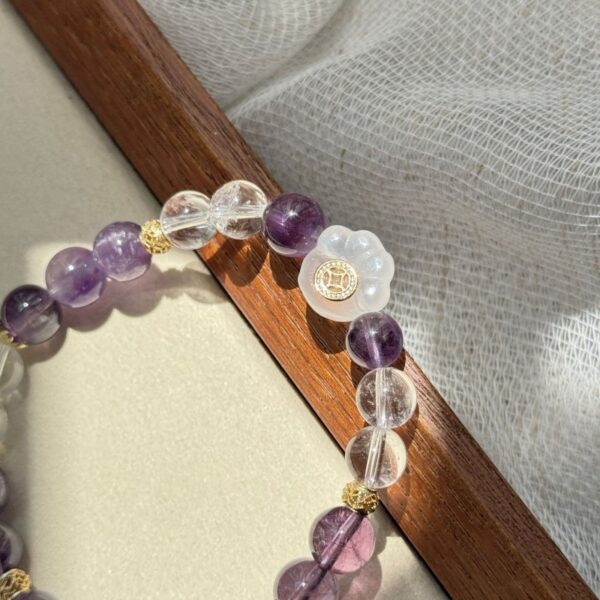 White Crystal & Amethyst Beaded Bracelet - Cat Paw Agate Bohemian Jewelry - Image 5