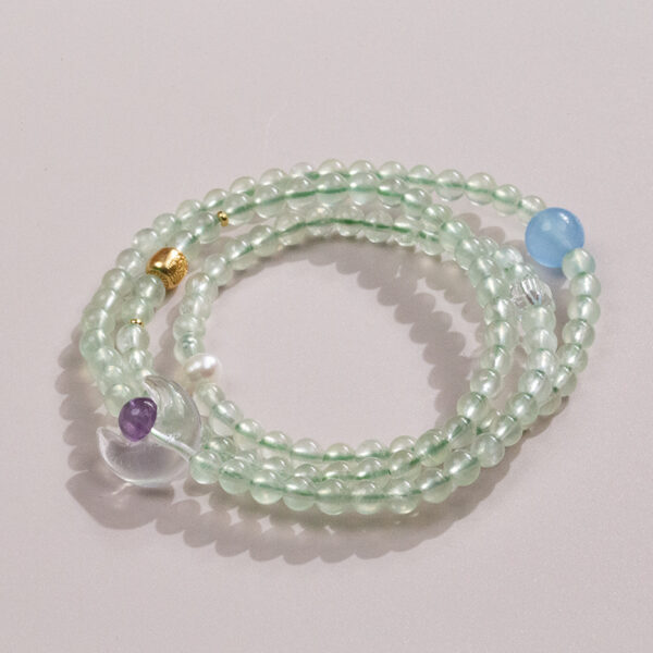 Five Elements Wood Bracelet - Double Strand White Quartz, Amethyst & Aquamarine Crystal Jewelry for Harmony & Growth - Image 2