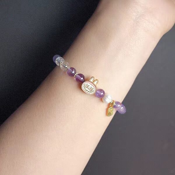 Labubu Monet Garden Bracelet - Original Double Strand Amethyst & Clear Quartz Crystal Jewelry - Image 3