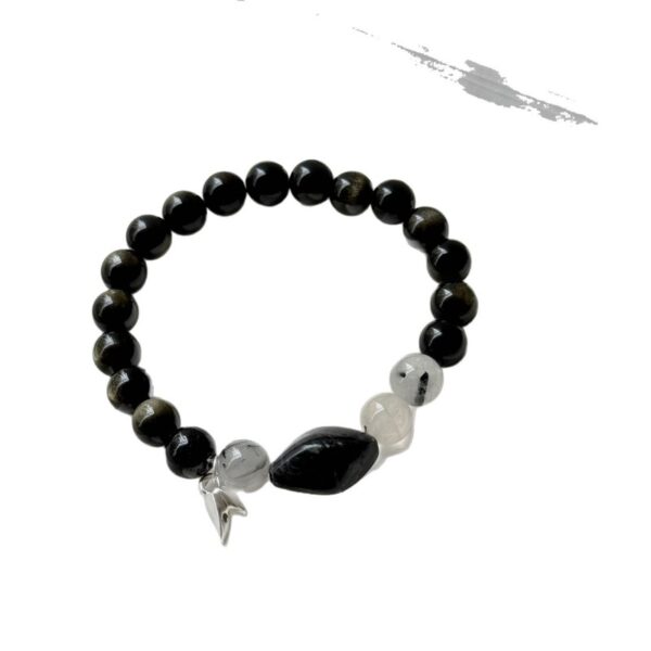 999 Silver Black Obsidian Leaf Bracelet - Protection & Wealth Energy Jewelry
