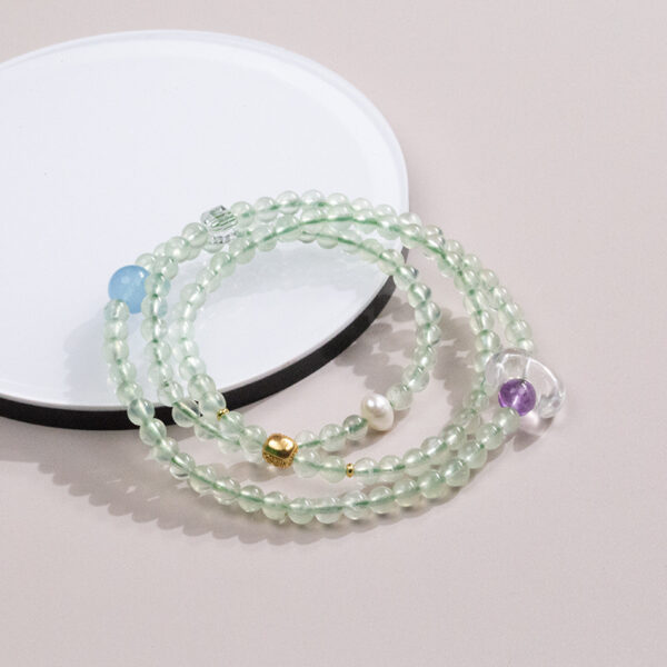Five Elements Wood Bracelet - Double Strand White Quartz, Amethyst & Aquamarine Crystal Jewelry for Harmony & Growth - Image 3