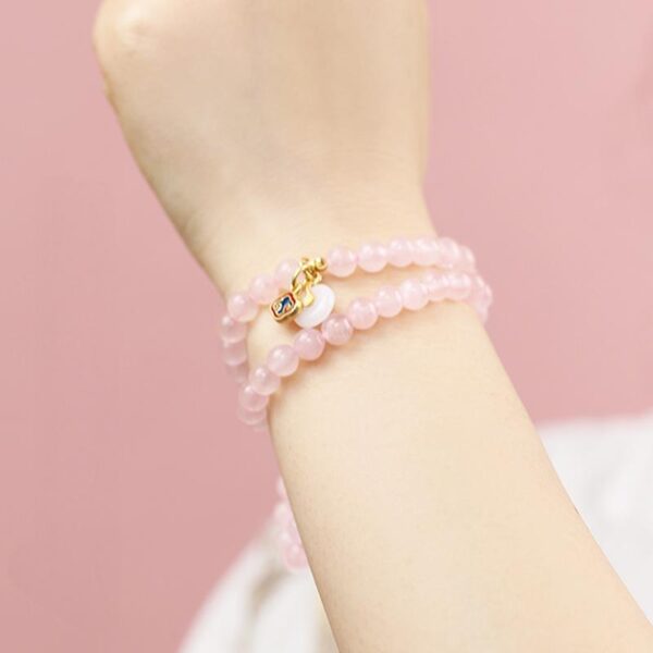 Double Strand Pink Quartz Bracelet - Feng Shui Love Jewelry with Lucky Knot & Cloud Charm for Romance & Protection - Image 4
