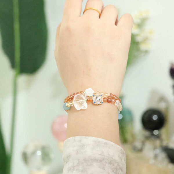Double Strand Crystal Bracelet - White Quartz & Aquamarine Cat & Peach Blossom Charm for Luck & Love - Image 2