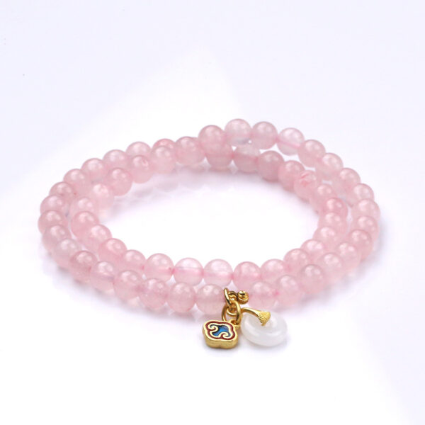 Double Strand Pink Quartz Bracelet - Feng Shui Love Jewelry with Lucky Knot & Cloud Charm for Romance & Protection
