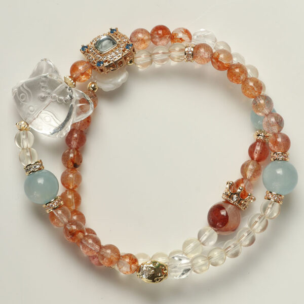 Double Strand Crystal Bracelet - White Quartz & Aquamarine Cat & Peach Blossom Charm for Luck & Love
