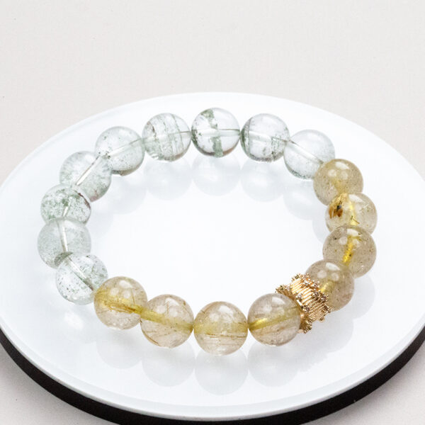 Five Elements Earth-Wood Bracelet - Green Phantom & Rutilated Quartz Crystal Jewelry for Grounding & Growth