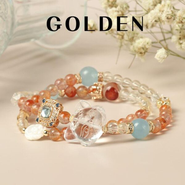 Double Strand Crystal Bracelet - White Quartz & Aquamarine Cat & Peach Blossom Charm for Luck & Love - Image 3