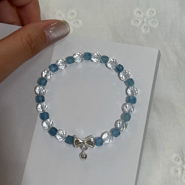 925 Silver Aquamarine Bracelet - Crystal Bell & Bow Charm Jewelry - Image 2