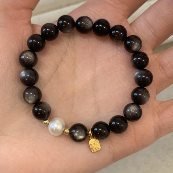 Black Obsidian & Pearl Bracelet with 925 Silver Blessing Charm - Image 2