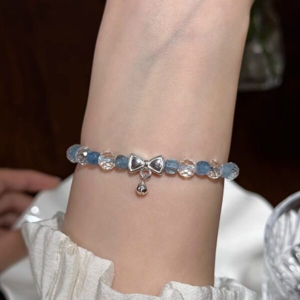 925 Silver Aquamarine Bracelet - Crystal Bell & Bow Charm Jewelry - Image 3