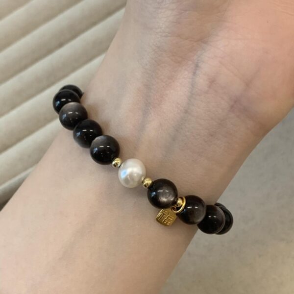 Black Obsidian & Pearl Bracelet with 925 Silver Blessing Charm - Image 3